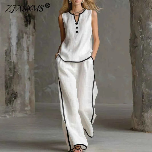 Spring Contrast Trim 2 Piece Sets Woman Elegant V Neck Button Top & Wide Leg Pants Outfits Summer Sleeveless Beach Vacation Suit
