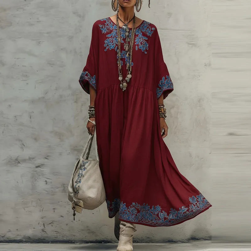 Robe longue trapèze fleurie de printemps bohème pour femme, manches longues, col rond, décontractée, style caftan, nouvelle collection été, vintage, ethnique, pour la plage