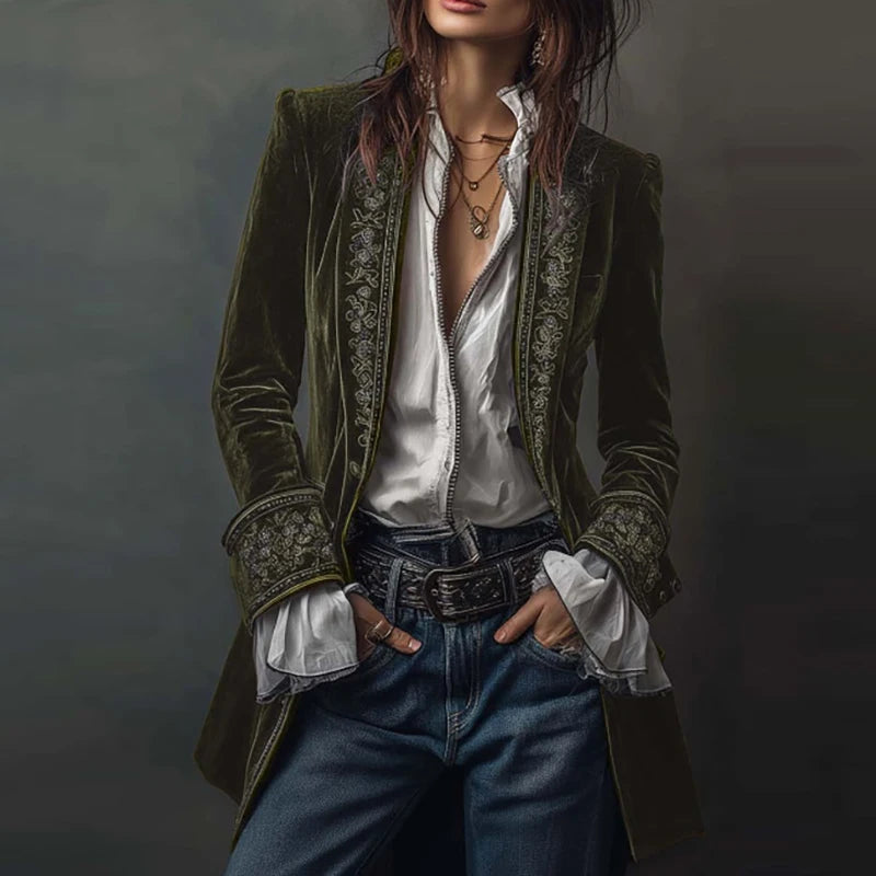 Veste de Blazer Femme en Velours à Imprimé Floral Rétro Ethnique Sexy Col Cranté Slim Manteau Long Manches Longues Automne Hiver