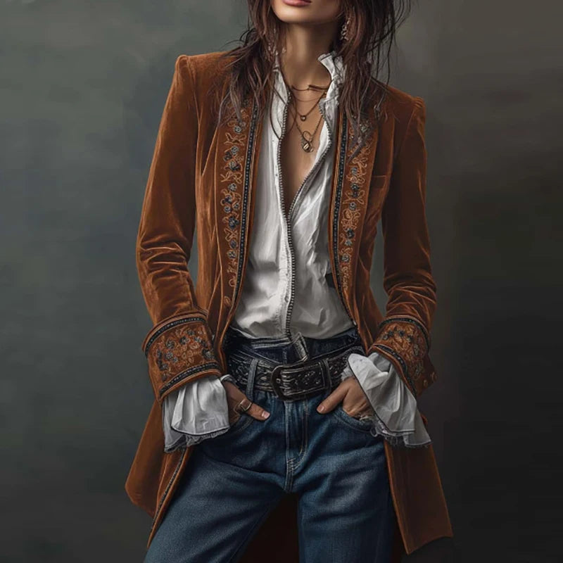 Veste de Blazer Femme en Velours à Imprimé Floral Rétro Ethnique Sexy Col Cranté Slim Manteau Long Manches Longues Automne Hiver