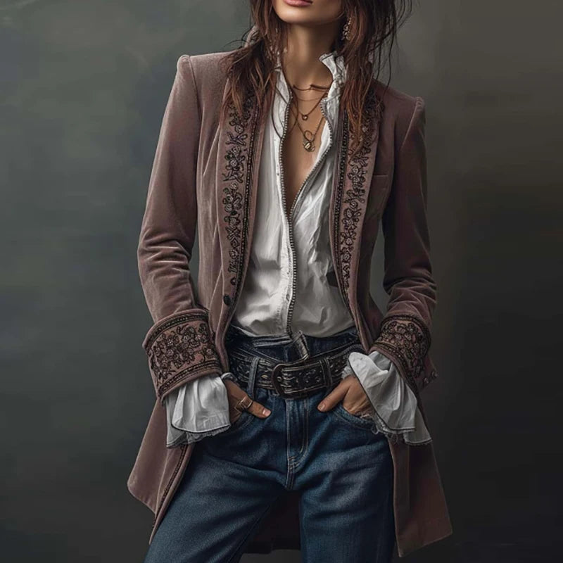 Veste de Blazer Femme en Velours à Imprimé Floral Rétro Ethnique Sexy Col Cranté Slim Manteau Long Manches Longues Automne Hiver