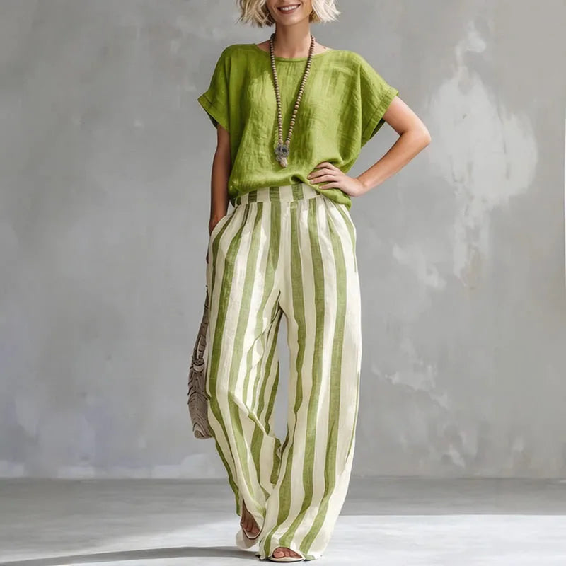 2026 Boho Linen Two Piece Sets Women Casual Short Sleeve Solid Top Striped High Waist Wide Leg Pants Suit Summer Vacation Outfit