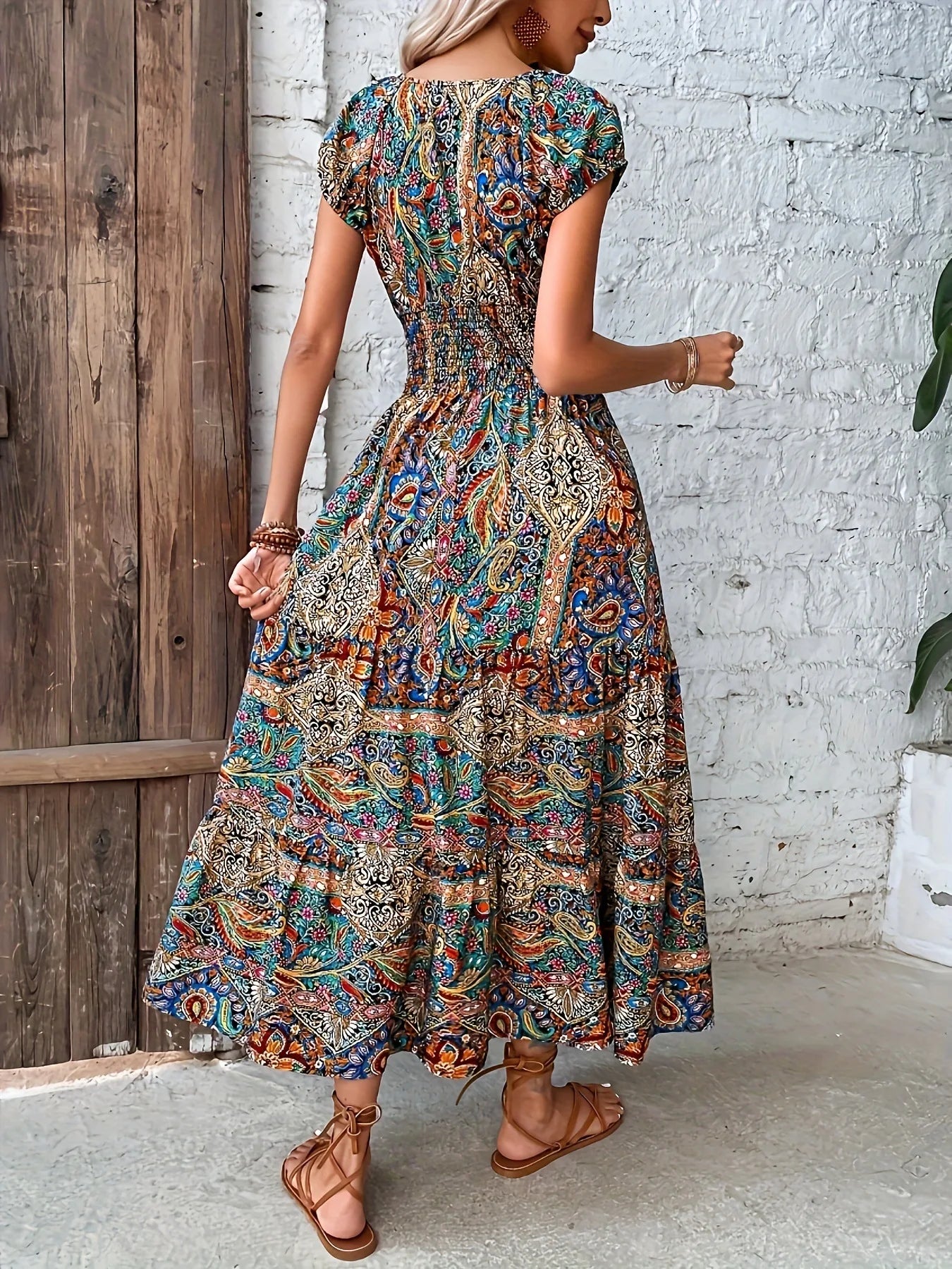 Women's Summer Boho Long Dress Elegant V Neck Short Sleeve Beach Sundress Evening Party Holiday Casual Maxi Dresses Robe Femme