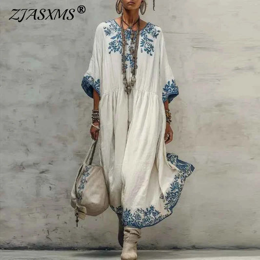 Bohemian Spring Floral Print A-Line Maxi Dress Women Long Sleeve O Neck Casual Kaftan Dress New Summer Vintage Ethnic Beach Robe