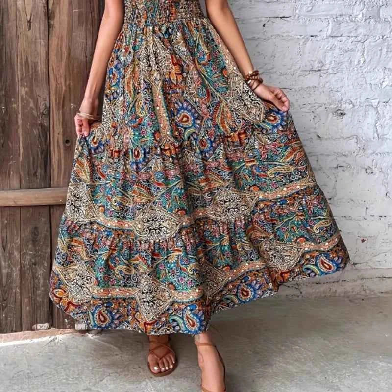 Women's Summer Boho Long Dress Elegant V Neck Short Sleeve Beach Sundress Evening Party Holiday Casual Maxi Dresses Robe Femme