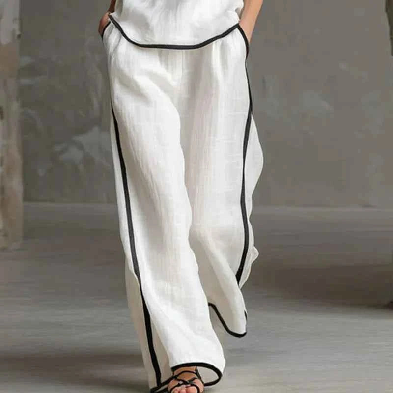 Spring Contrast Trim 2 Piece Sets Woman Elegant V Neck Button Top & Wide Leg Pants Outfits Summer Sleeveless Beach Vacation Suit
