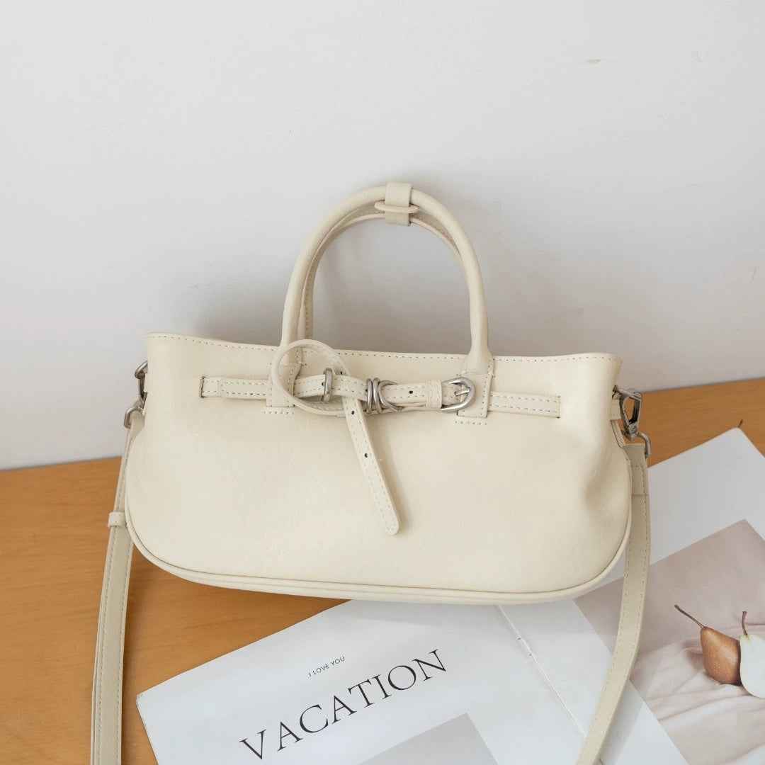 Vintage Vegetable-tanned Leather Handbag For Women, High-end Single-shoulder Bag With A Unique Belt Buckle Design, Genuine Leather Crossbody Bag