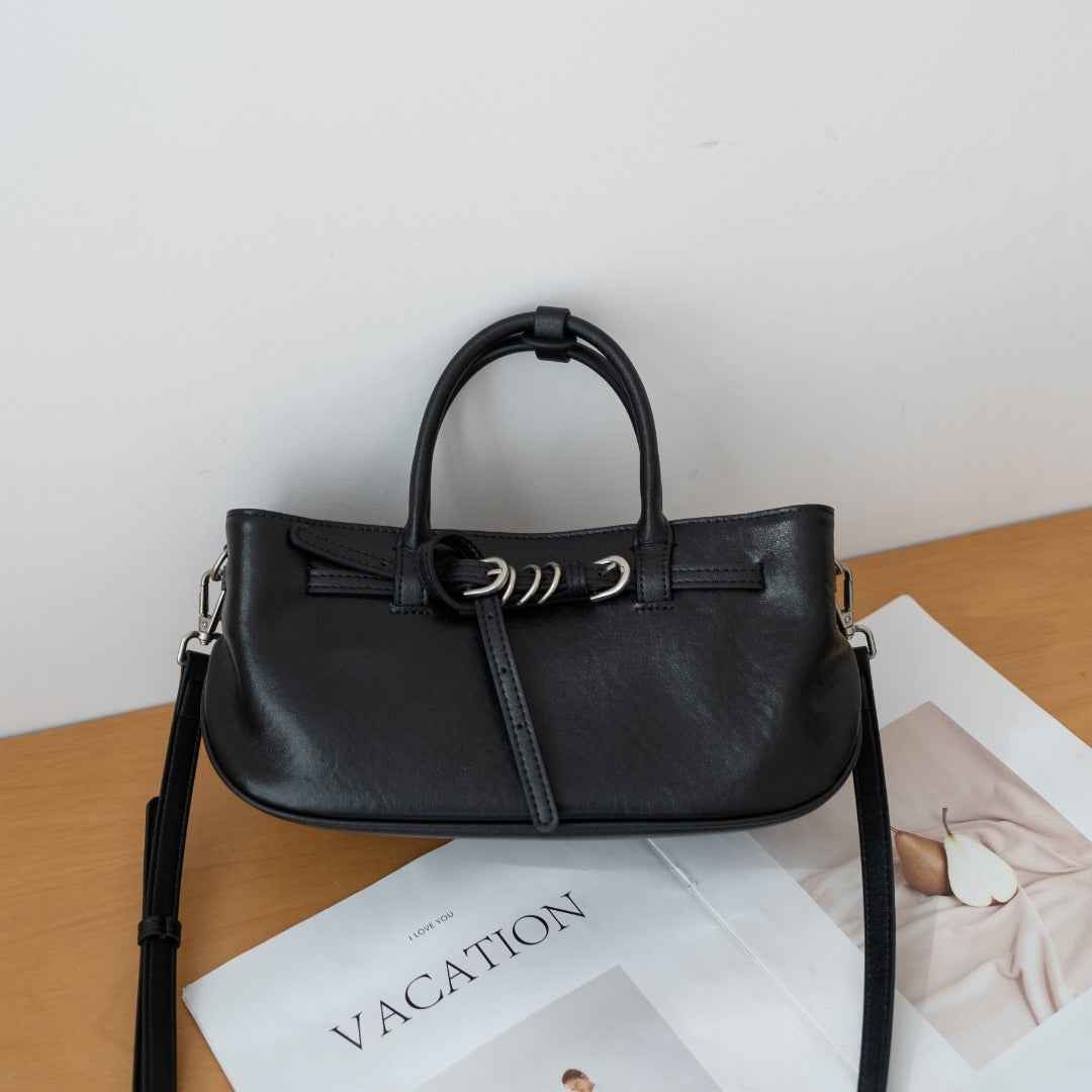 Vintage Vegetable-tanned Leather Handbag For Women, High-end Single-shoulder Bag With A Unique Belt Buckle Design, Genuine Leather Crossbody Bag