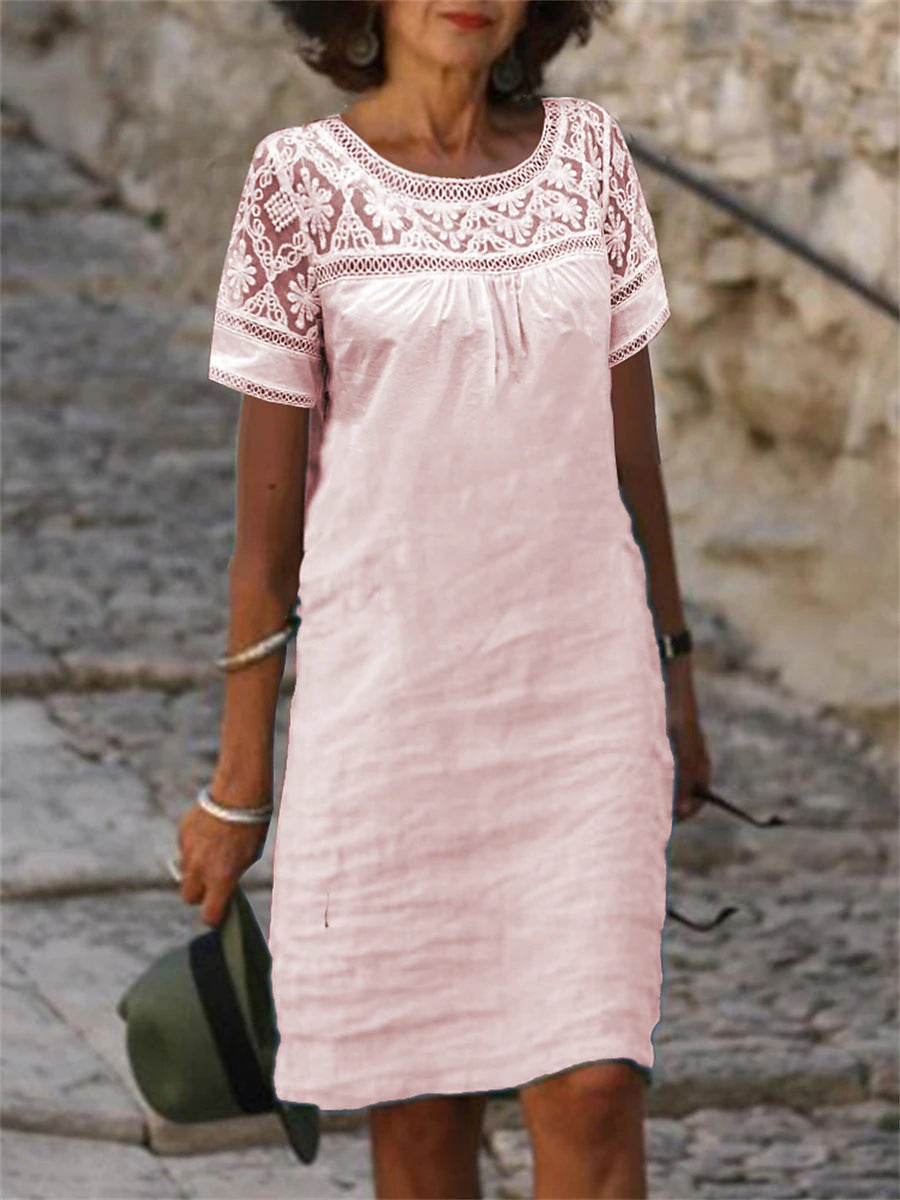 Lace Patchwork Cotton-Linen Short-Sleeve Dress